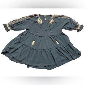 Free People Womens Boho Chic Dream Weaver Embroidered Tunic Size S Teal Peasant